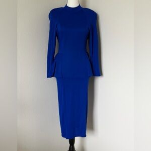 Vintage Royal Blue Long Sleeve Peplum Detail Dress